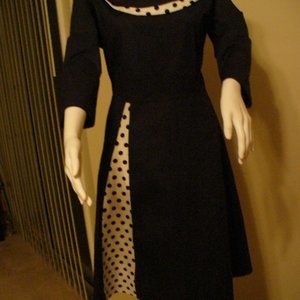 VINTAGE NAVY BLUE "A" LINE DRESS WITH POLKA DOTS ON DOUBLE COLLAR AND PANEL